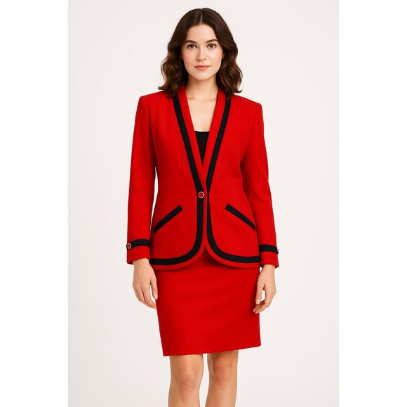 Vintage 1980s Red Navy Trim Power Suit Blazer Pencil Skirt Set Made in USA XS-S - Picture 1 of 15